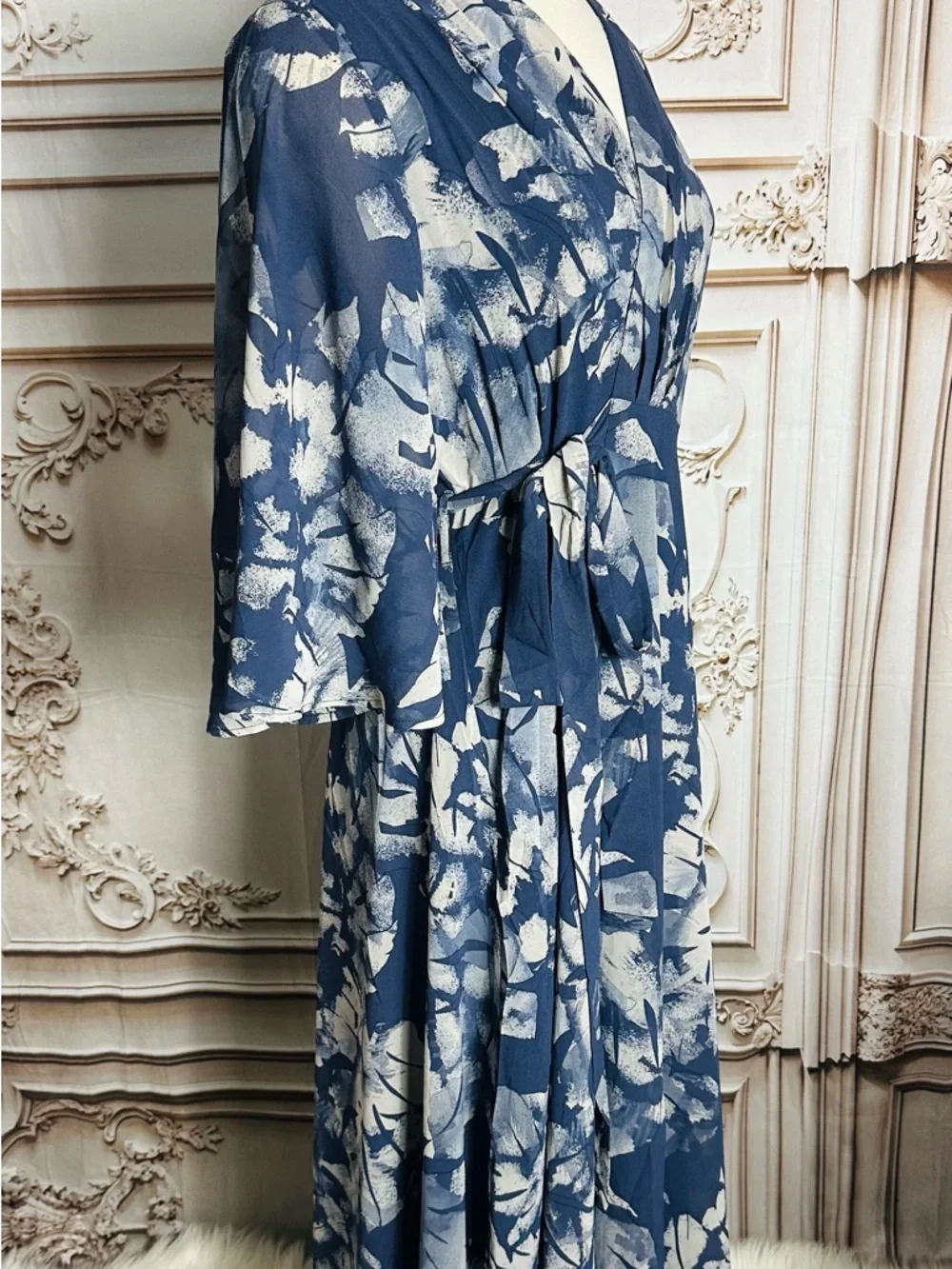 Navy & White Floral Wrap Midi Dress - Women - Picture 5 of 8